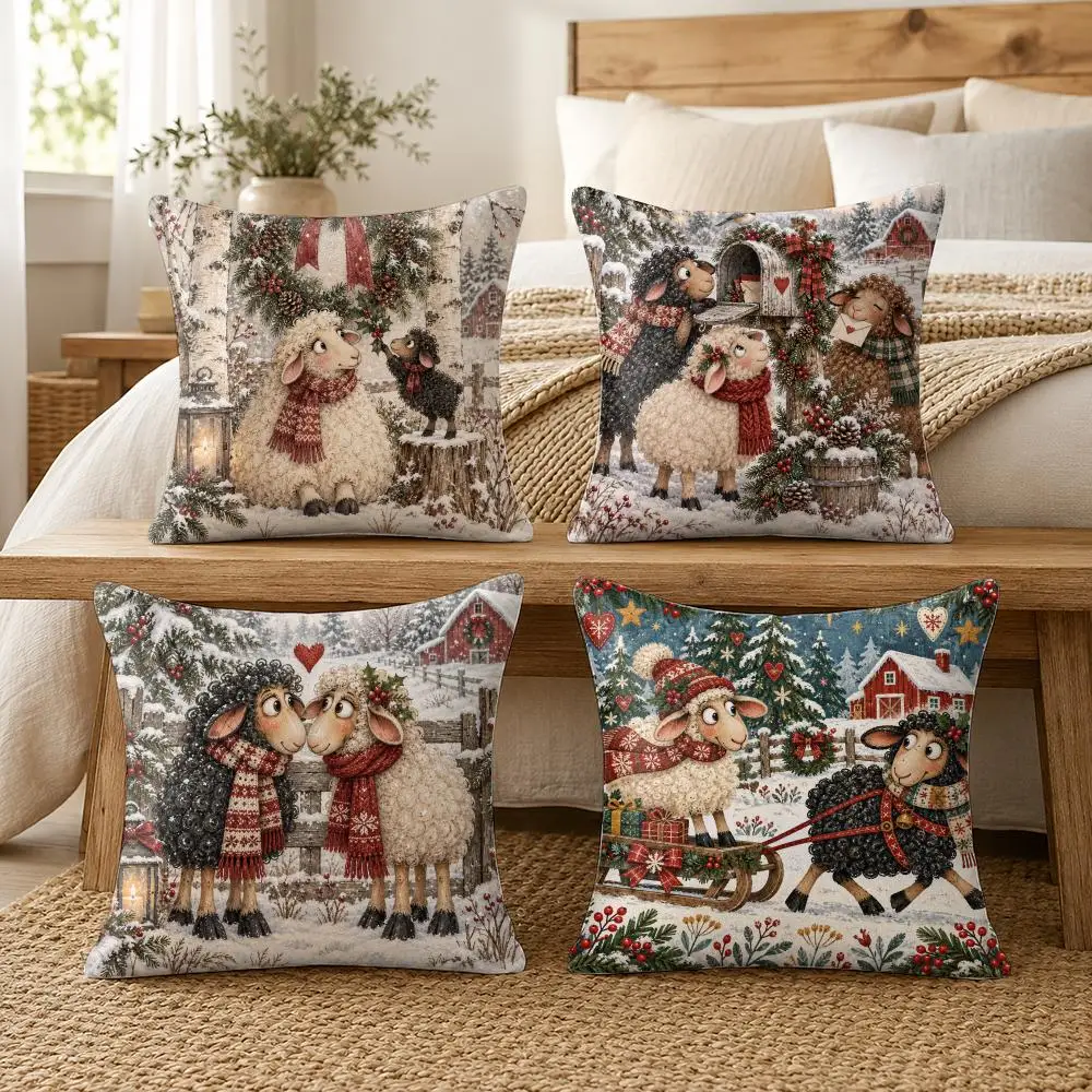 Christmas Winter Cute Sheep Snowy Cushion Cover Soft Pillow Cases Hidden Zipper Cutecore Sofa Bedroom Home Decor Gift