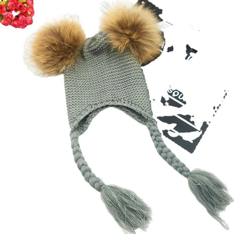 Children\'s Autumn and Winter Korean Warm Girls\' Sleeve Cap Baby Double Fur Ball Knitted Woolen Cap Boys\' Real Fur Hat Fashion