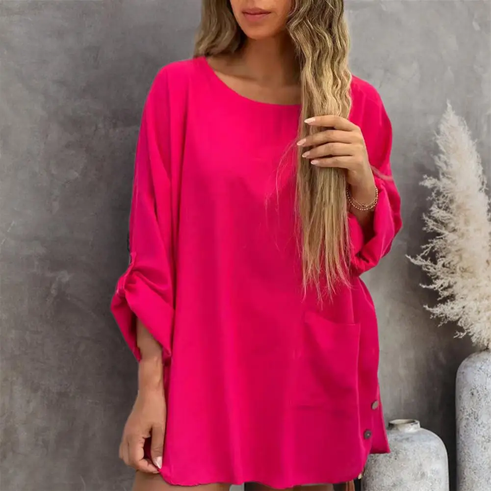 Camisa de cuello redondo para mujer, Tops casuales con estilo, camisa de manga larga con cuello redondo y bolsillo, ajuste suelto, blusa de Color sólido, dobladillo Irregular