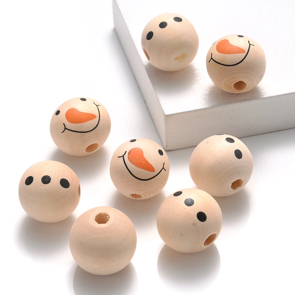 10/20 Stück 9mm Naturholzperlen mit Schneemann-Gesicht-Aufdruck, lose Abstandsperlen für Weihnachtsbaumgirlanden, Bastelarbeiten und DIY-Schmuckherstellung – Detail 3