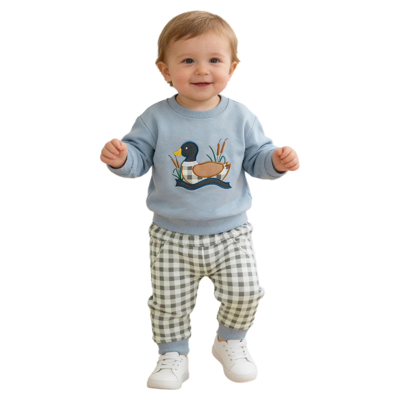 ملابس أطفال أولادي بناتي للربيع والخريف بأكمام طويلة مطرزة على شكل بطة مع بنطال رياضي للارتداء اليومي في الهواء الطلق