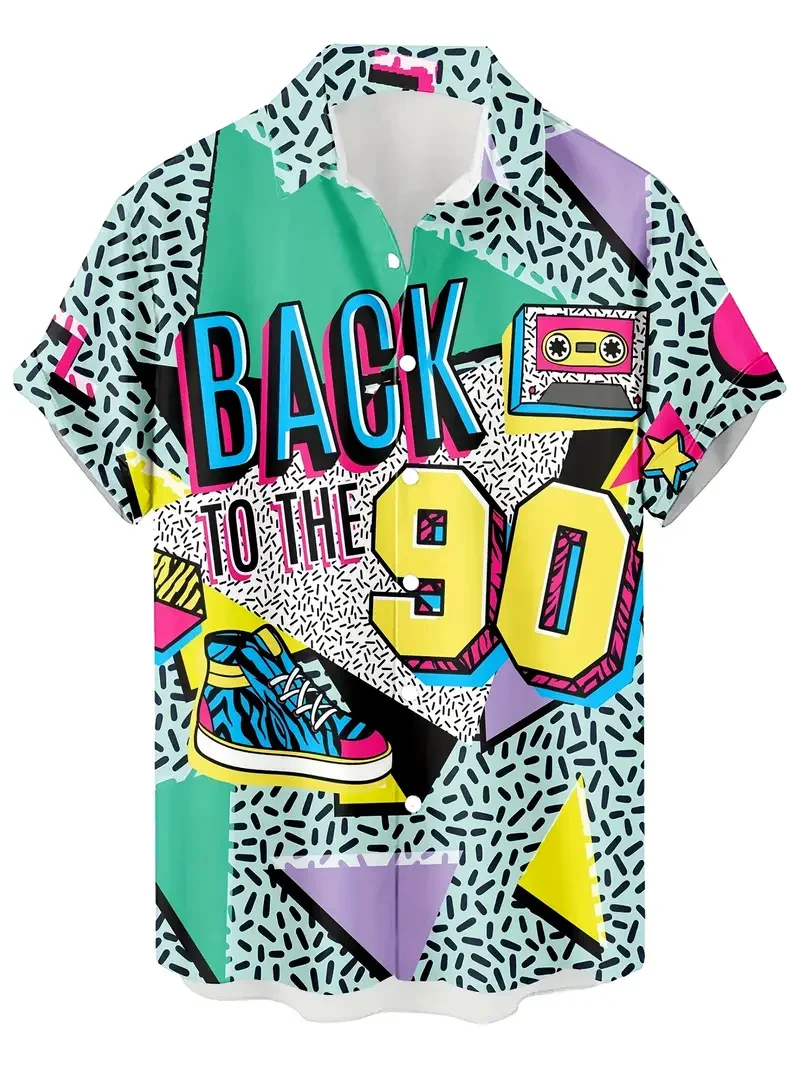Plus Size Men'S Retro 80s&90s Print Casual Shirt Hip Hop Rock Street Style Hawaiian Style 