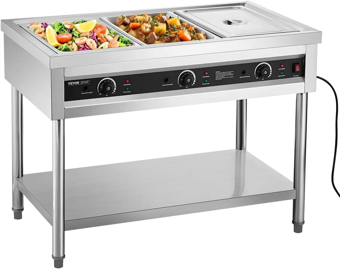 3 Pan Commercial Food Warmer Electric Steam Table with Independent Temperature Control 450W x 3 Stainless Steel Buffet