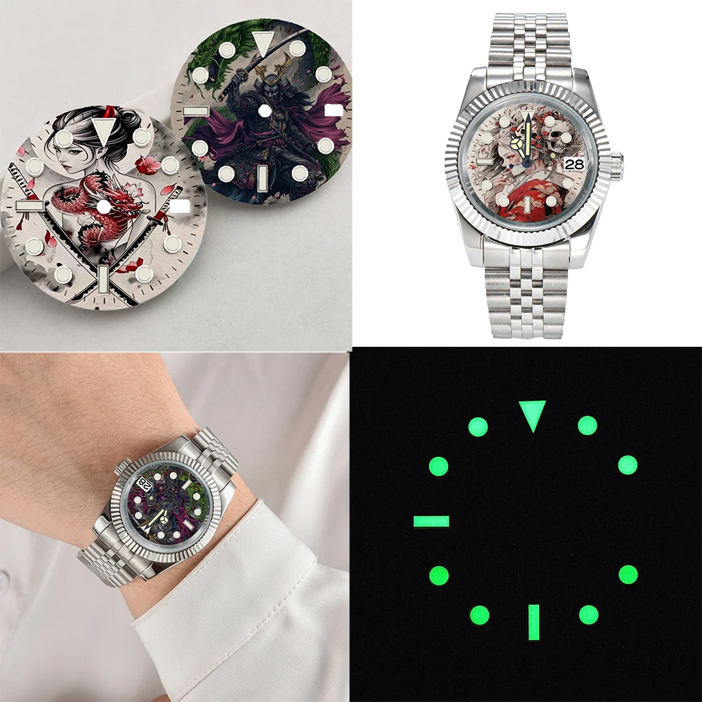 

Циферблат часов, циферблат 28,5 мм, циферблат NH35, креативный циферблат серии Samurai с цветной печатью, подходит для аксессуаров для часов с механизмом NH35/36