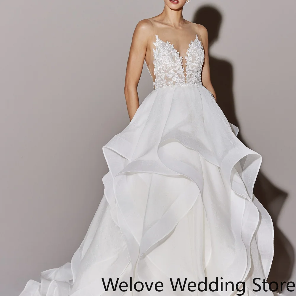 Customized White Organza Ball Wedding Gown Featuring Thin Spaghetti Straps Illusion Bodice Covered With 3D Floral Lace Appliqué