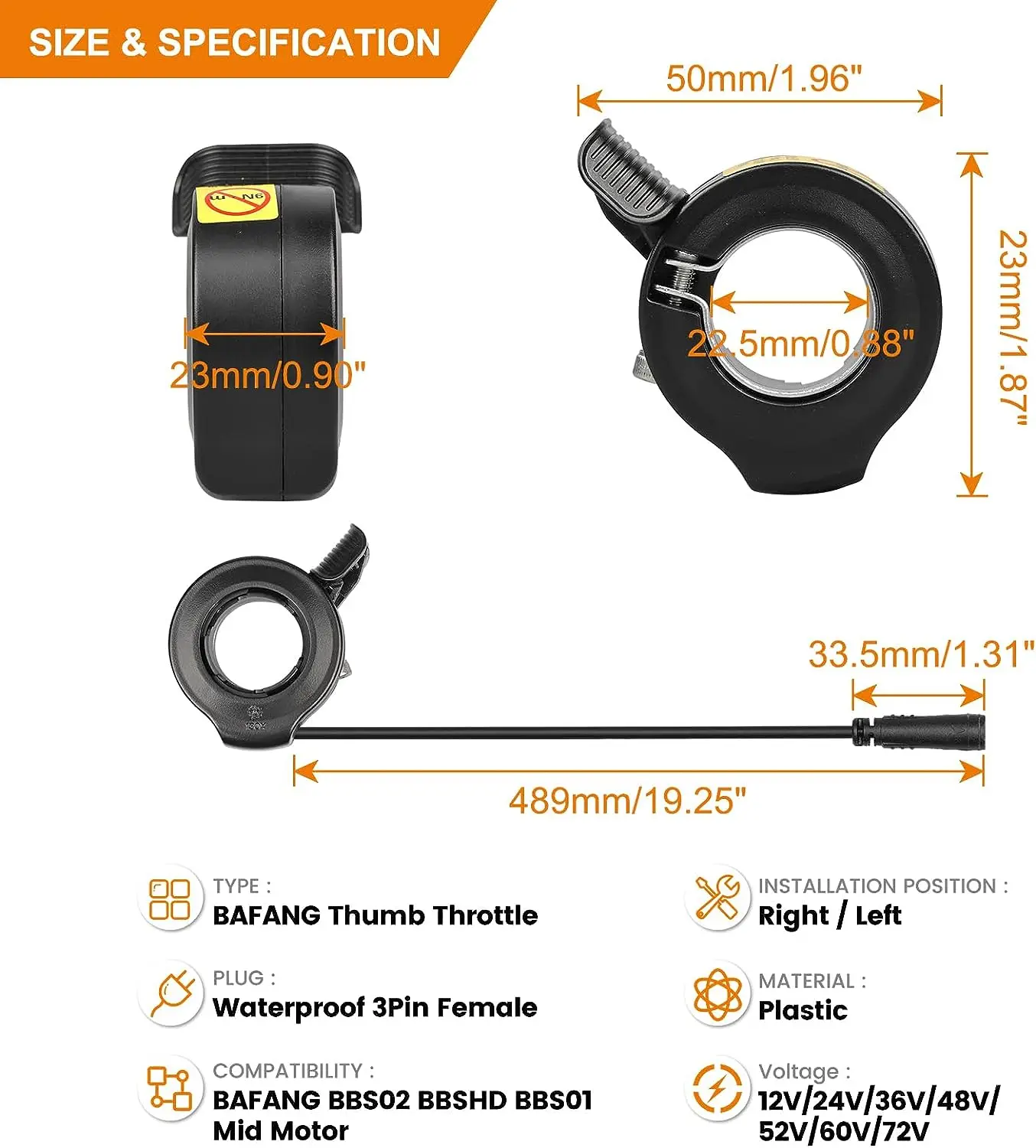 BAFANG Thumb Throttle for Motor Kit : Compatible Mid Drive Electric Bike Conversion Kit Waterproof 3PIN Female Thumb Throttle