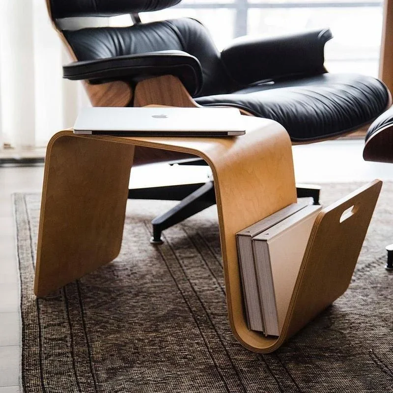 Designer Style Bent Curved Side Table Built-in Magazine Holder Mid-Century Minimalist Living Room Accent End Table