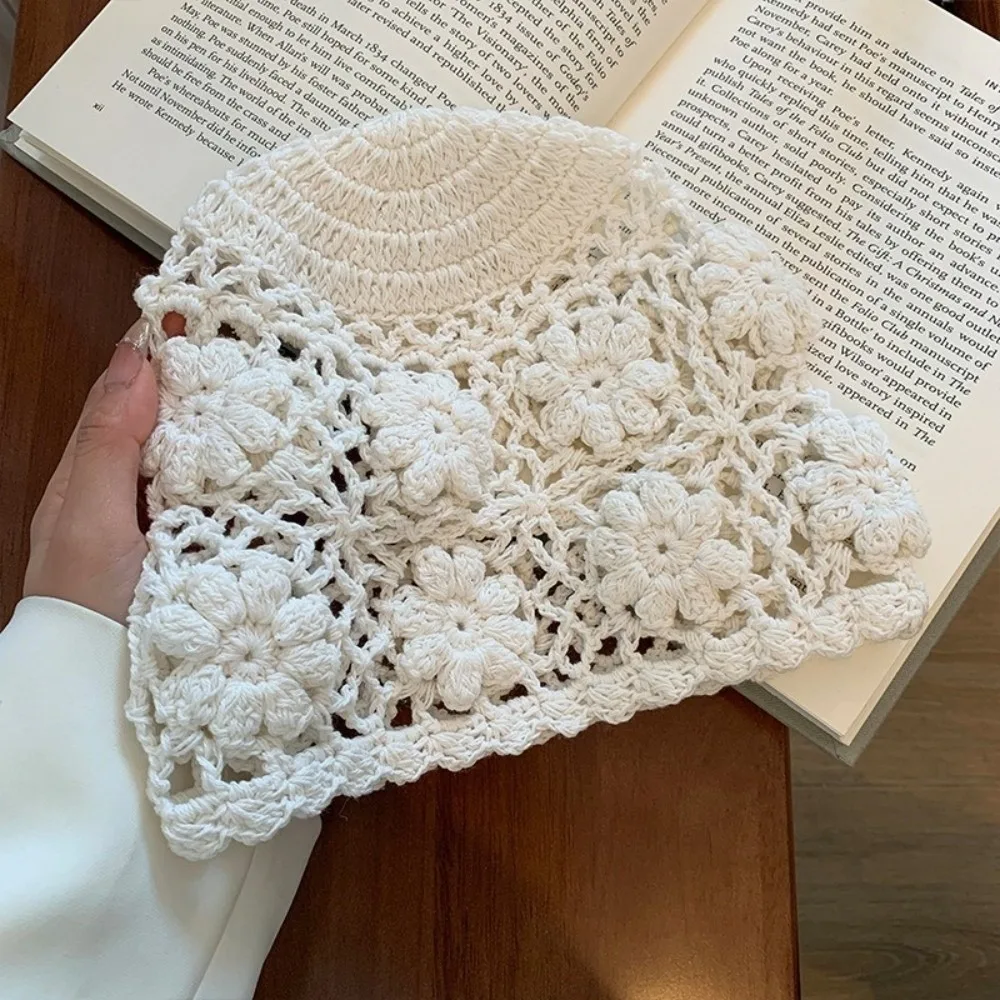 

Ins Handmade Crochet Flower Hat Weave Y2k Knit Basin Caps Women Hollow Beanies Cap Streetwear
