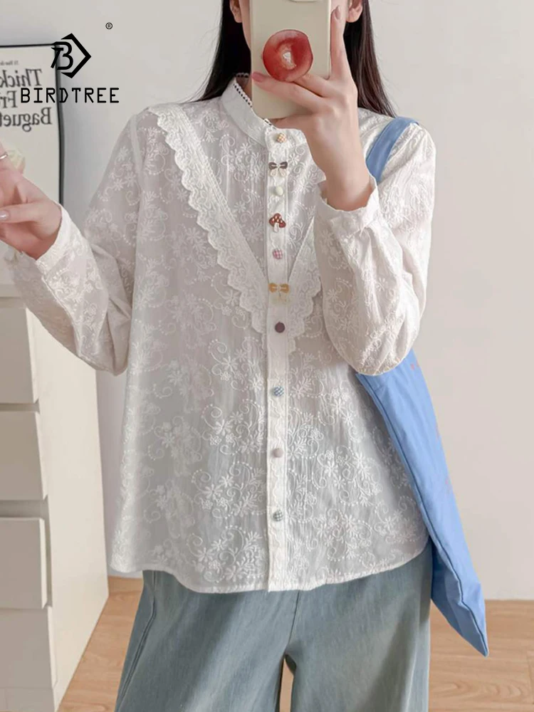 

New 2026 Spring Women Cotton Long Sleeve Shirt, Stand Embroidery, Mori Girl Colorful Buttons Age Reduction Loose Blouse T62152CC