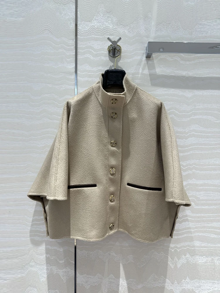 Spring Autumn Fashion Beige Water Ripples Cashmere Blend Cloak Women's Stand Collar Batwing Sleeve Loose Pocket Simplicity Coat