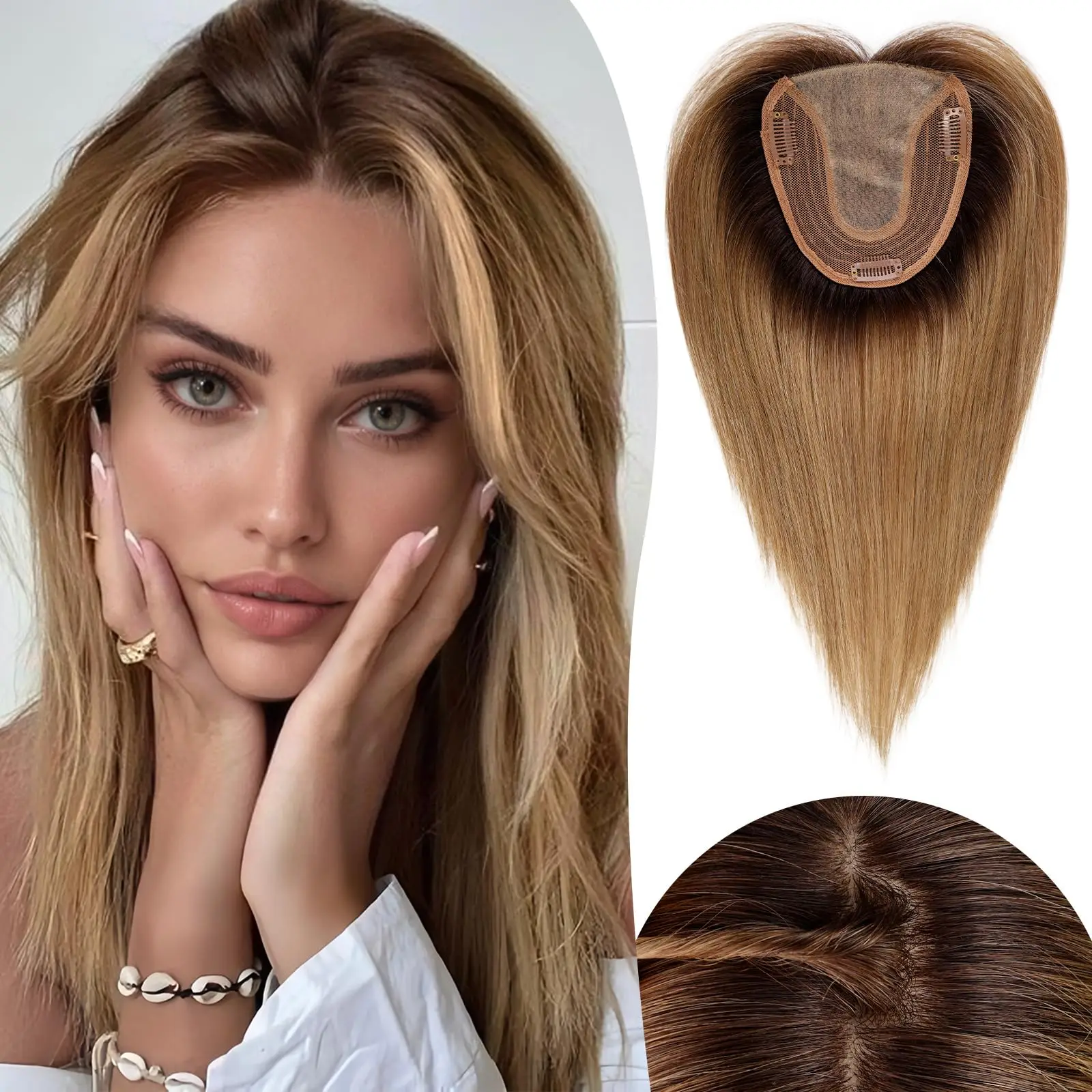 Light Brown Ombre Remy Human Hair Toppers Clips in 12 Inches Straight Hairpiece Extensions for Women 100% Remy Human Hair Topper