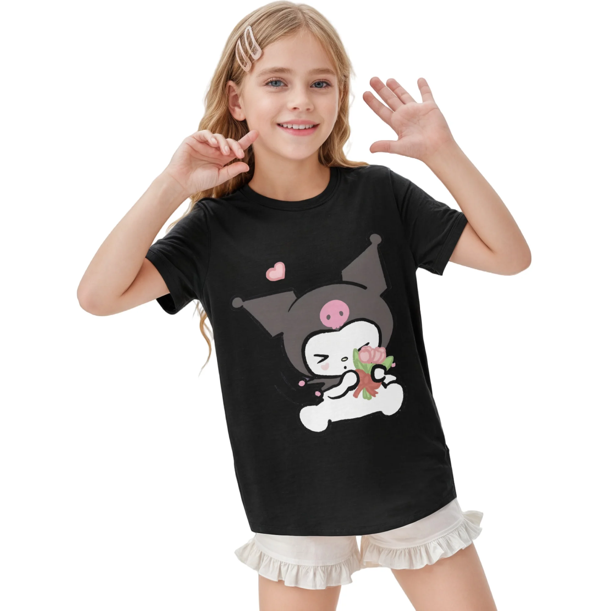 

Футболка с аниме Sanrio, летняя милая одежда для девочек, футболка с мультяшным принтом Kawaii Kuromi, повседневные футболки с короткими рукавами Sanrio Kuromi