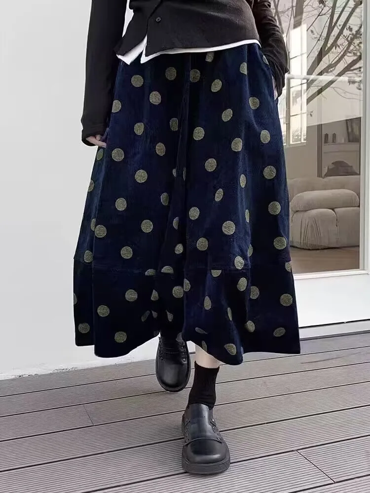 

Retro Corduroy A-Line Skirt Women's Early Spring Polka Dot Umbrella Skirt High Waist Flower Bud Skirt Commute Sle