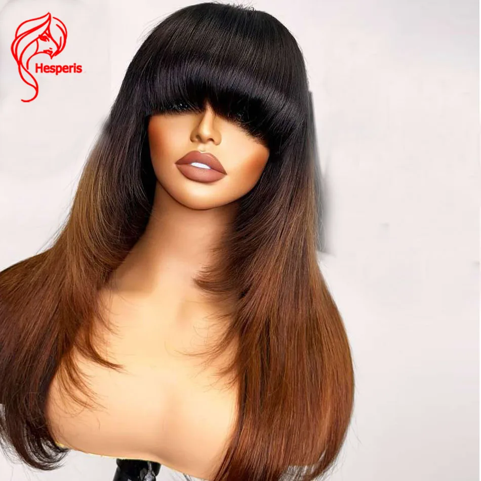 Hesperis Ombre Human Hair Wigs Brazilian Remy Layered Cut Silk Straight Full Machine Made Wig With Bangs Blonde Ombre For Women