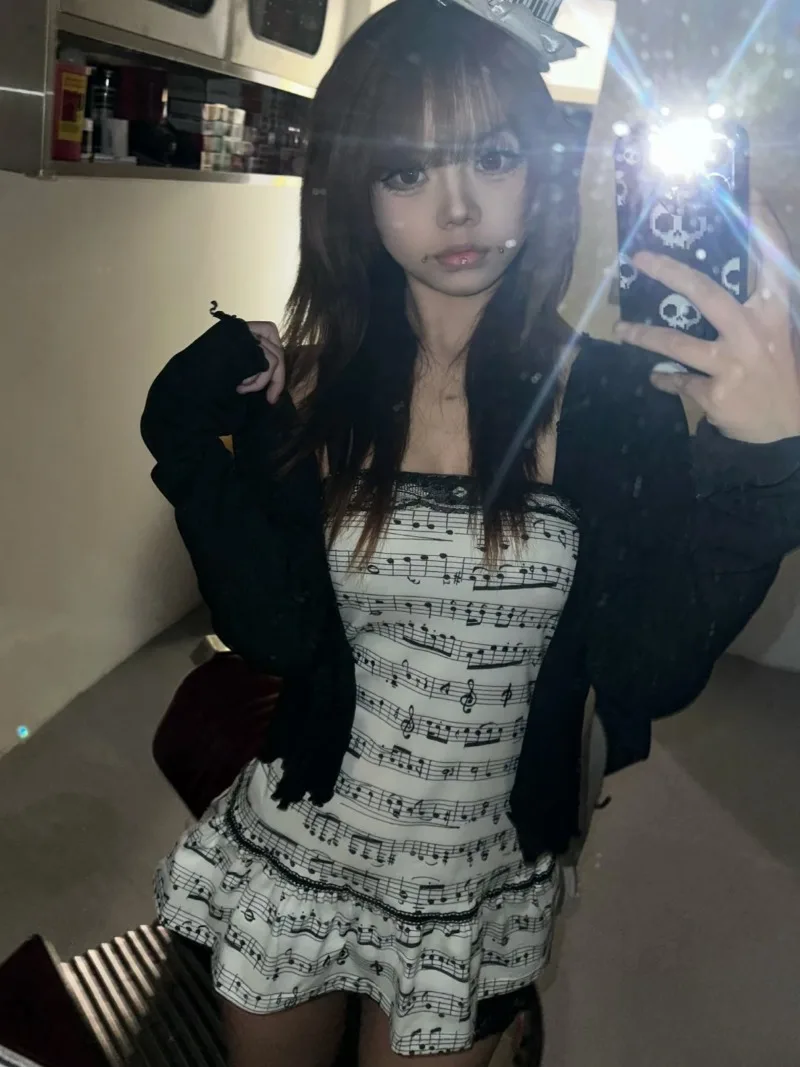 Y2k Aesthetic Musical Notation Print Strapless Vest Women Tube Top Vintage Sexy Lace Patchwork Tank Top Punk Grunge Camisole