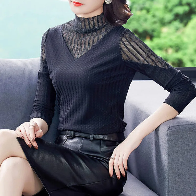 Elegant Plush Warm Half High Collar Black Basic T Shirt Women New Autumn Winter Sexy Mesh Patchwork Long Sleeve Slim Ladies Tops