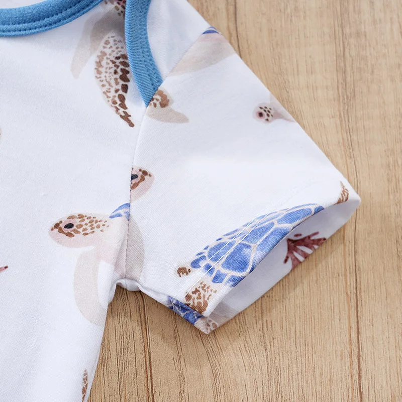 Newborn Baby Clothes Boy Blue turtle print Jumpsuit Summer Short Sleeve Romper 0-18month Infant Toddler Pajamas One Piece Outfit