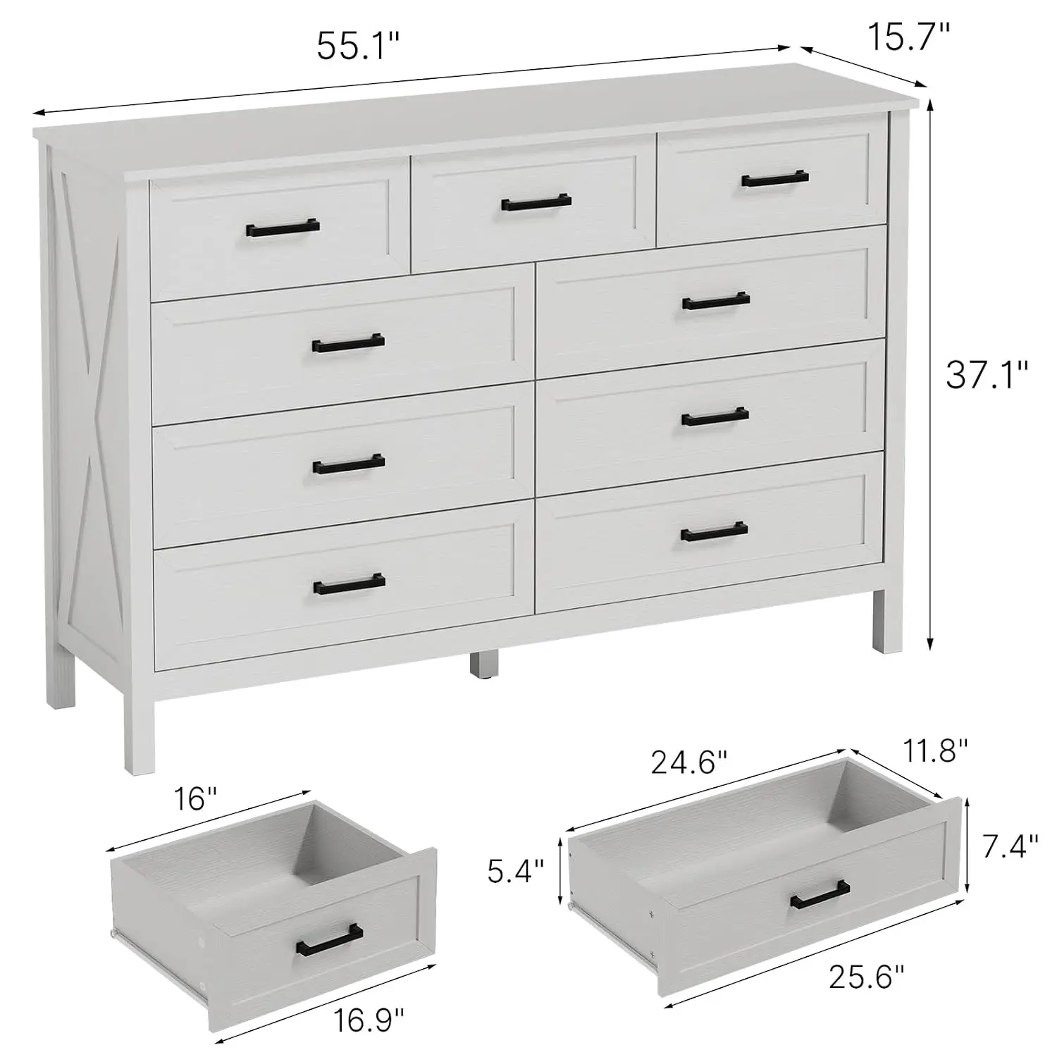 Rustic 9 Drawer Dresser, 55 Inch Wood Chest with X-Marking & Bar Handle, Bedroom & Living Room Storage, Customized