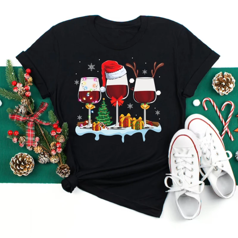 

New Kawaii Christmas Wine Glass Print T Shirt New Year Women Tops Cartoon Shirt Female Holiday Santa Claus Graphic Tee T-shirt