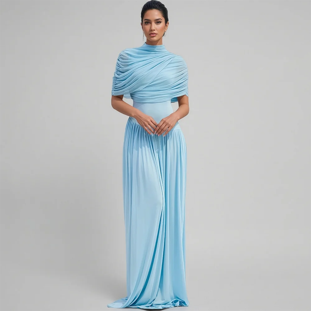 

Sky Blue Prom Dresses Customized High Neck Short Sleeves Evening Gowns Pleated Straight Floor Length Formal Party Dress 2025