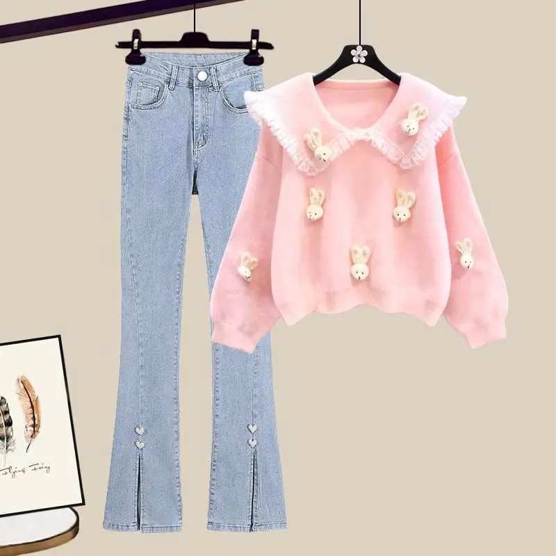 Spring and Autumn Collection 2024 New Small Fragrant Style Set Navy Collar Premium Sweater Split Jeans Women's Two Piece Set