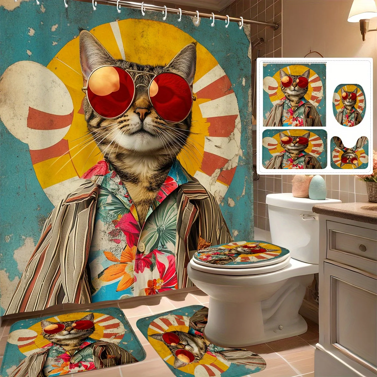 

4pcs Shower Curtain Set, Funny Cat Fashion Glasses Design, Modern Bathroom Decor, Includes 12 Hooks, Non-Slip Bath Ma