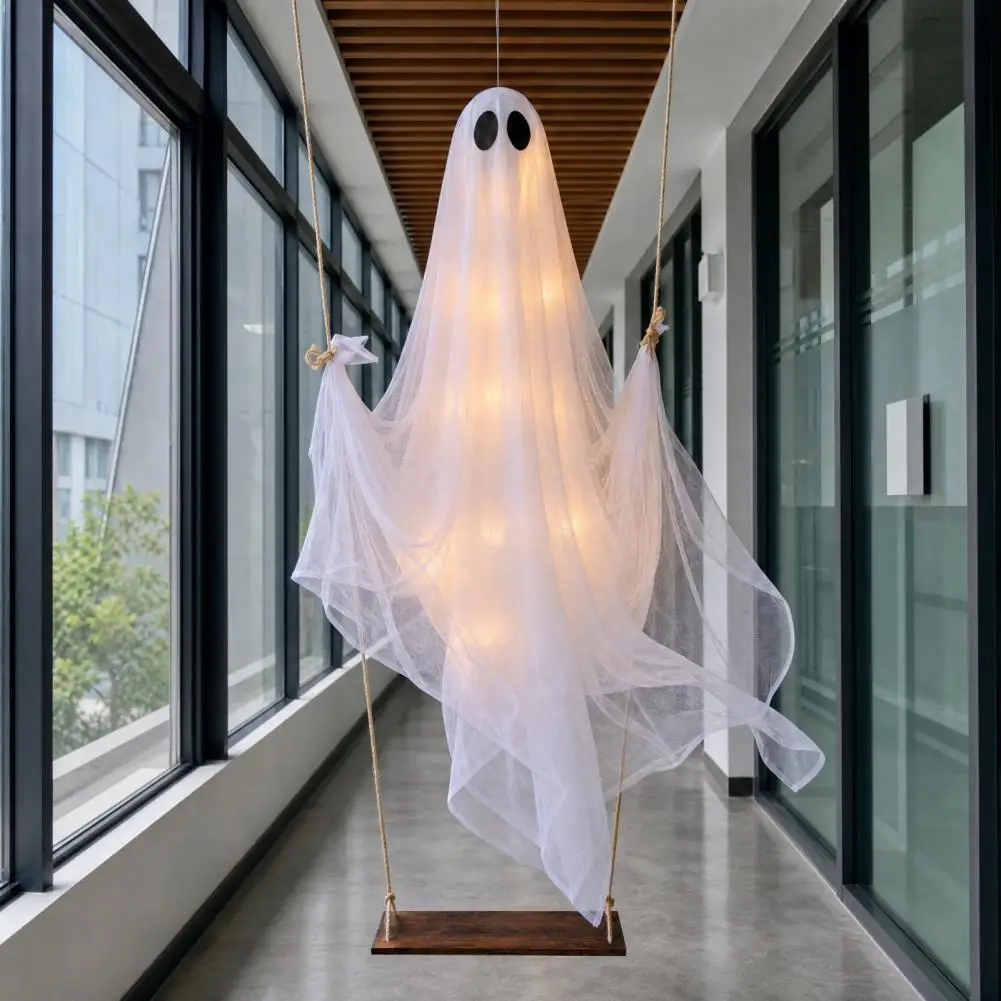 Battery Powered Halloween Decor Hanging Swing Ghost with Led String Lights Battery Operated Halloween Decoration Spooky Outdoor