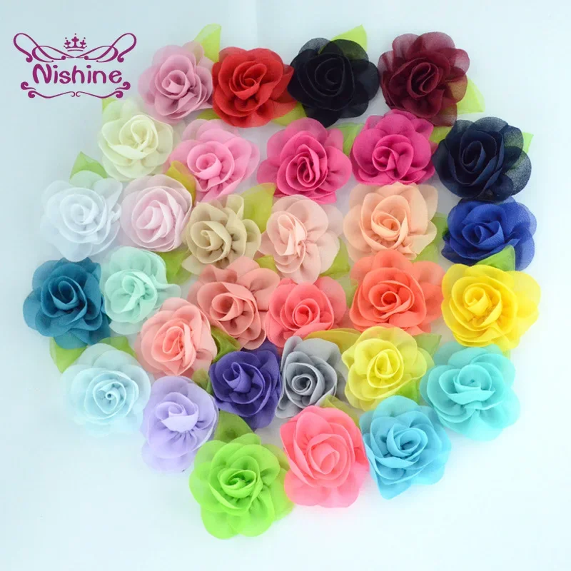 10pcs/lot Leaf Chiffon Flowers Rosette Rose Floral Kids Girls Hair Accessory Artificial Flower for Baby Women Diy Headwear