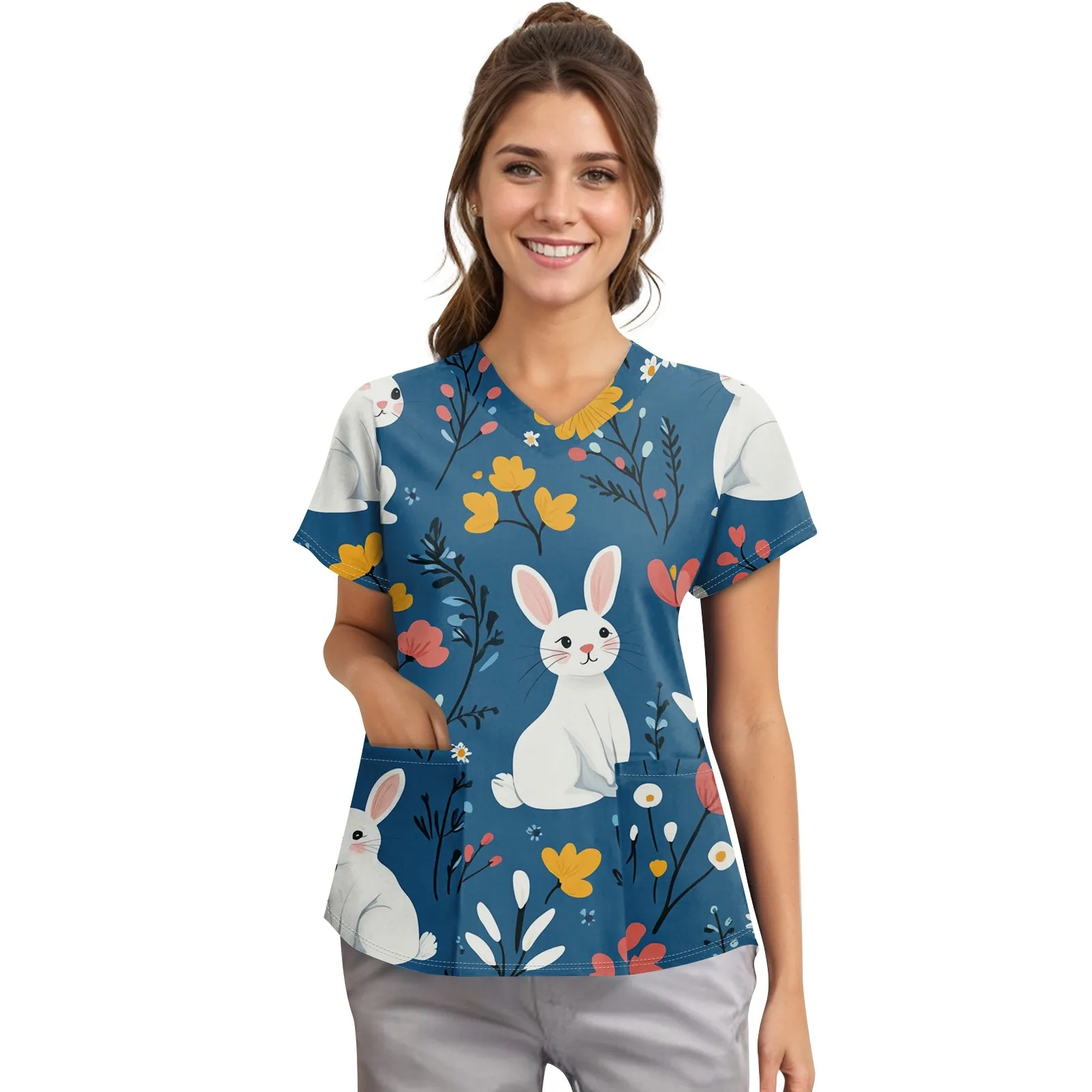 

Uniforms Women Medical Easter Bunny Cartoon Print Obstetrics Nursing Tops V-Neck Short Sleeve Tees Pet Medical Scrubs For Women