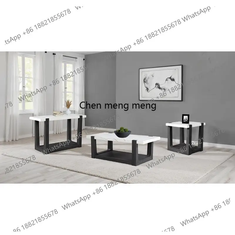 End Table with Faux Marble Top, Two-Tone Black and White Finish for Living Room