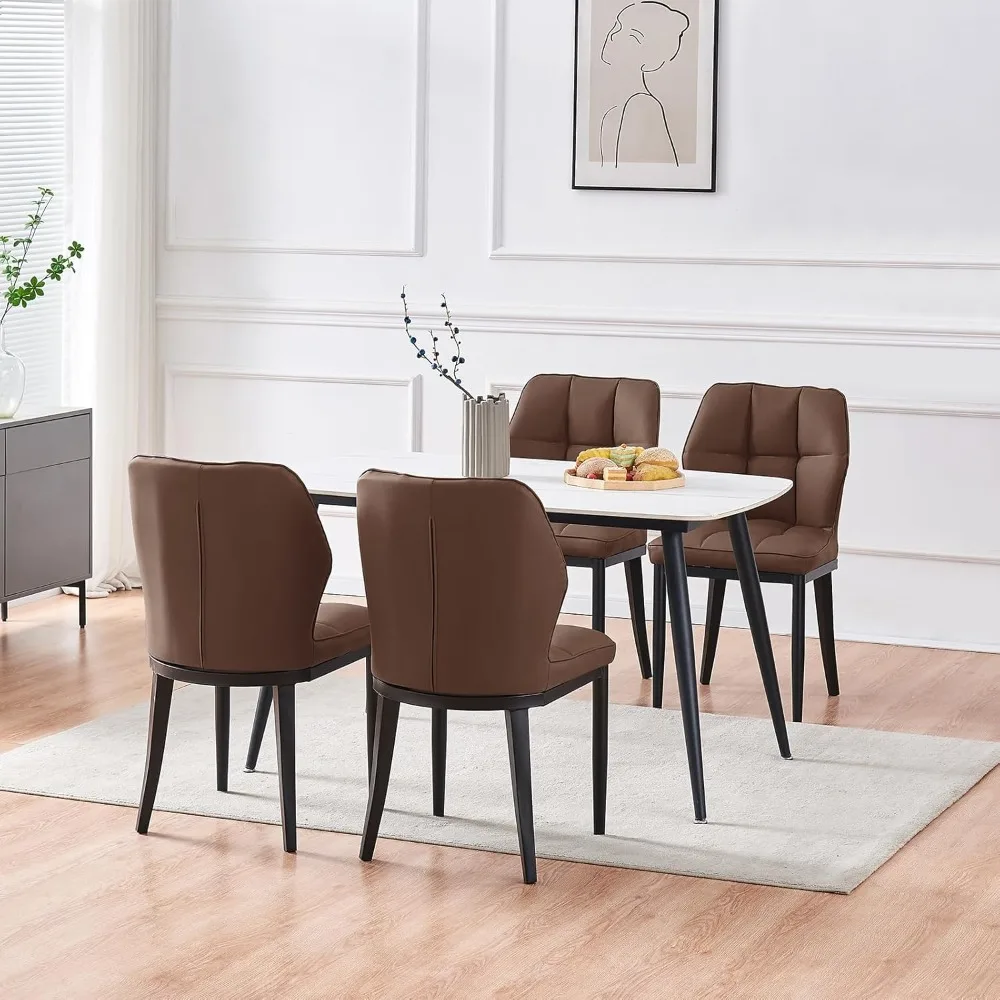 Set of 2 Mid Century Modern Kitchen Chairs, Upholstered Armless Dining Chairs, Leather Dining Room Chairs with Plaid Back