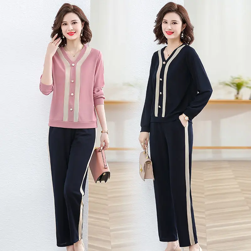 V-collar Single Breasted Spliced Tops Fashion Casual Sports Women's Spring Autumn 2024 New Two-piece Wide-leg Pants Suit T596