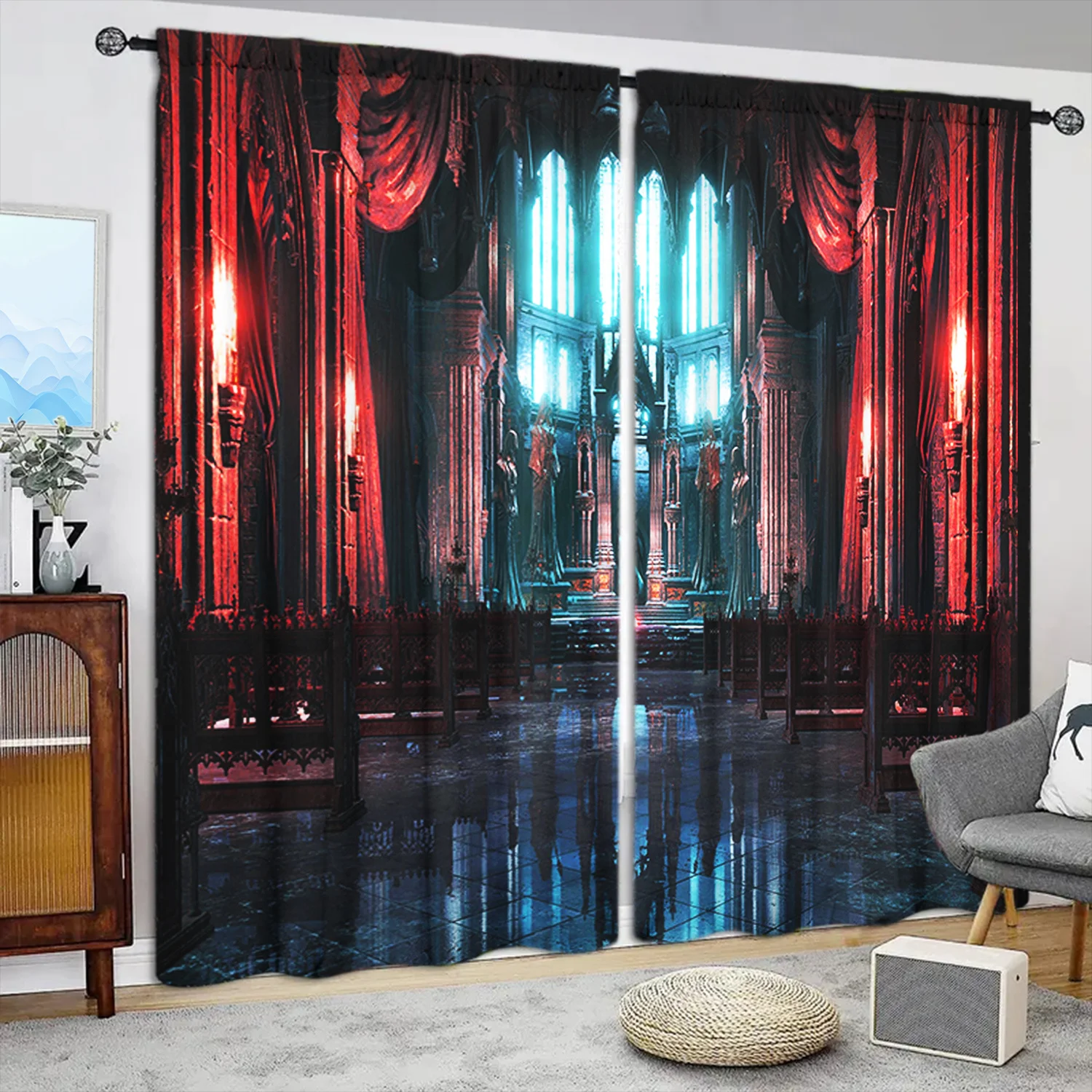 Dramatic Gothic Cathedral Curtains Red and Blue Stained Glass Window Panel Drapery Luxury Home Decor Theater Curtains