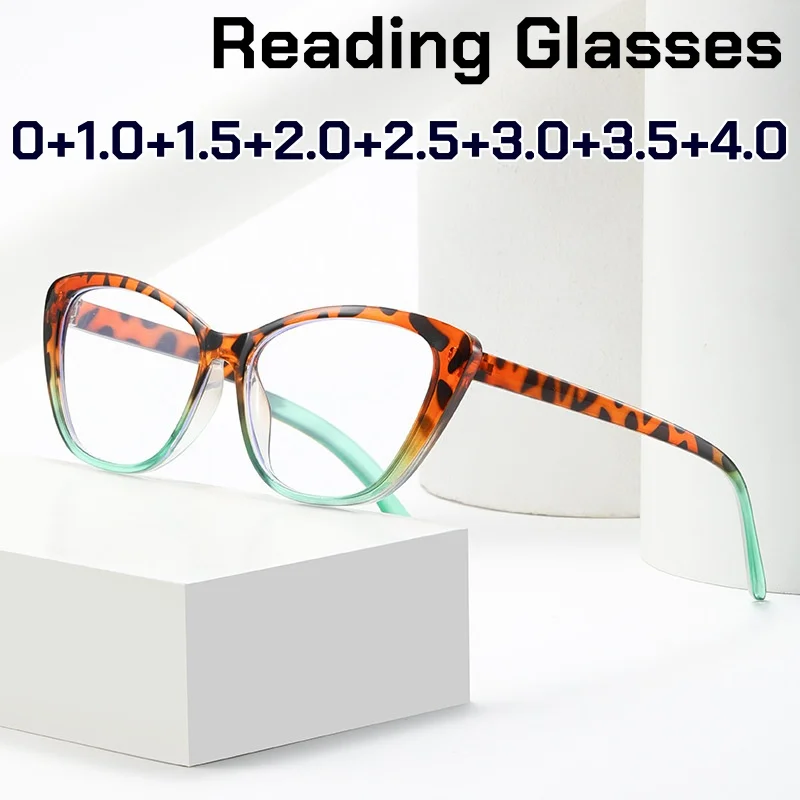

Trendy Leopard Print Cat-Eye Reading Glasses with Spring Hinges Women Fashionable Elegant Anti Blue Light Far Sight Eyeglasses