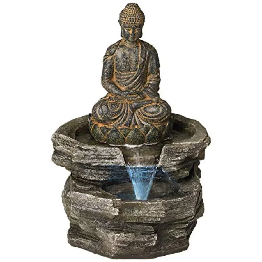 Outdoor indoor large fountain with sitting Buddha design, 21-inch height, LED lighting, water feature, resin material, bronze f