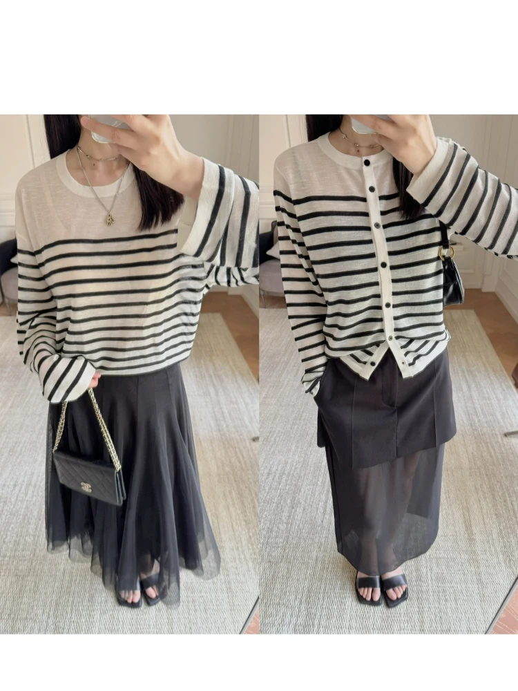 

Fre Sle Mixed Wool Knitted Sweater Open Cardigan round Ne Stripe Color Blo Transparent Effect Spring Faion Ladies' ...