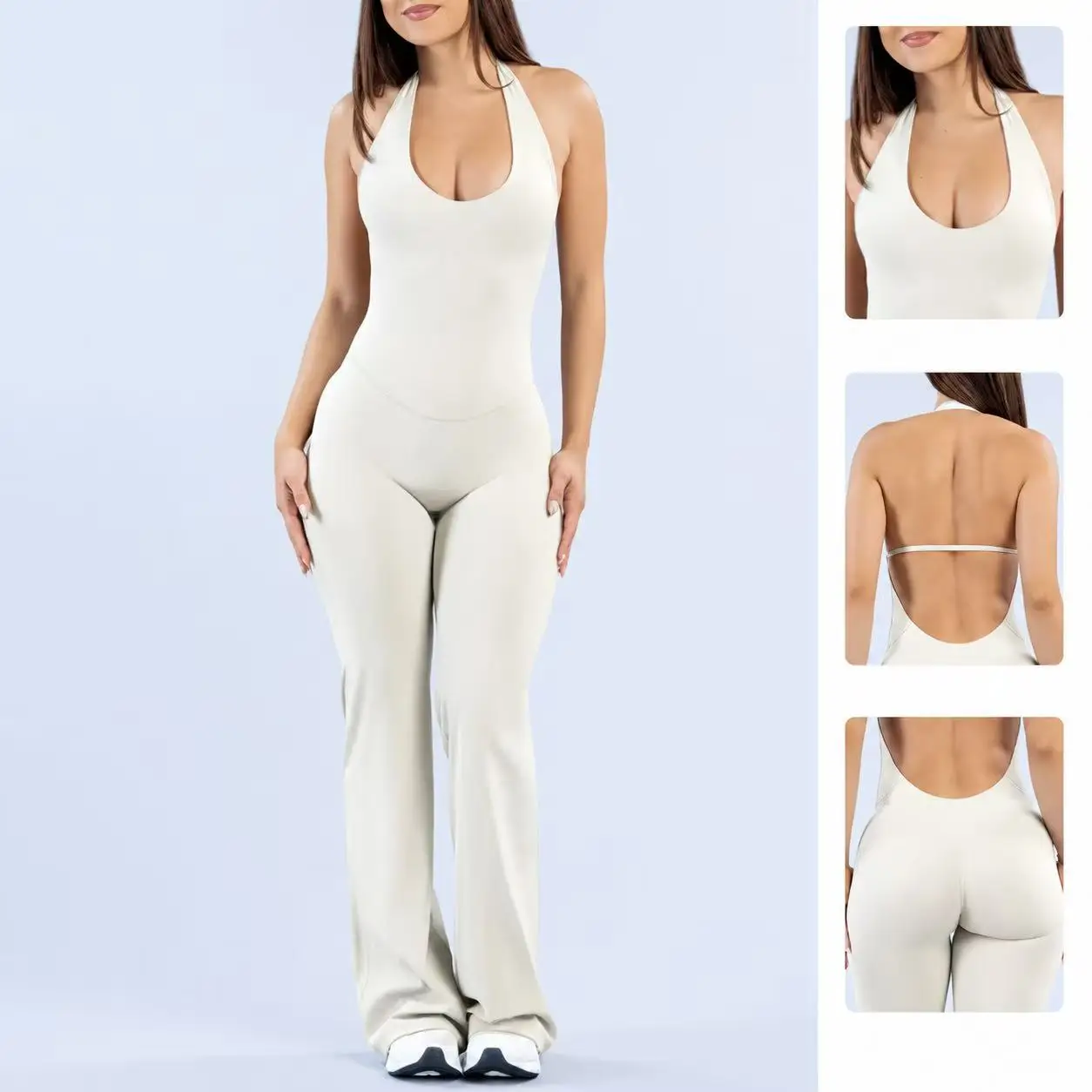 Women Halter Neck Flared Yoga Jumpsuit Sleeveless One Piece Fitness Bodysuit Butt Lifting Stretch Gym Workout Playsuit
