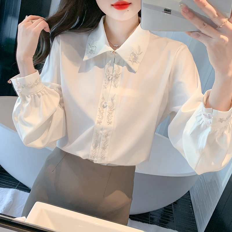 

QOERLIN Women's Turn-Down Collar Floral Embroidered Elegant Shirt Casual Long Sleeve Blouse Top Chinese Knot White Shirts Female