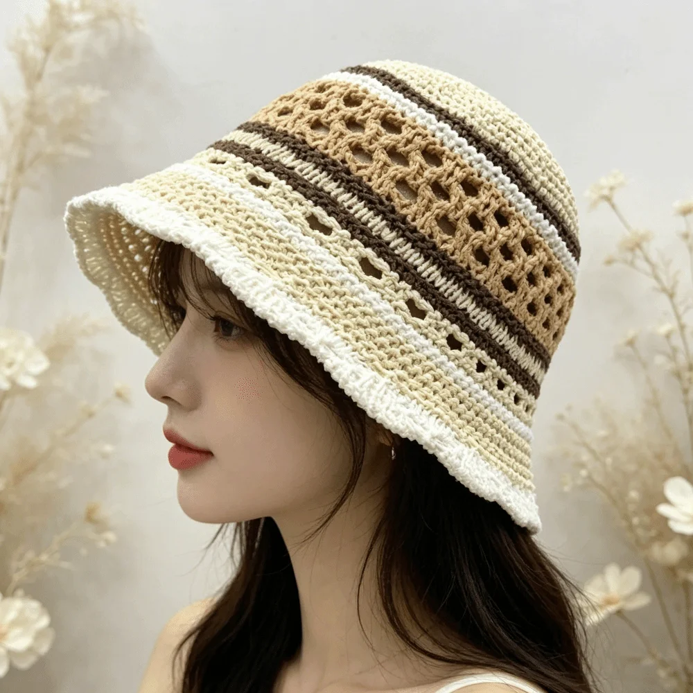 

Versatile Wide Brim Striped Bucket Hat Breathable Patchwork Crochet Panama Hat Foldable Hollow Out Bowl Hat Outdoor