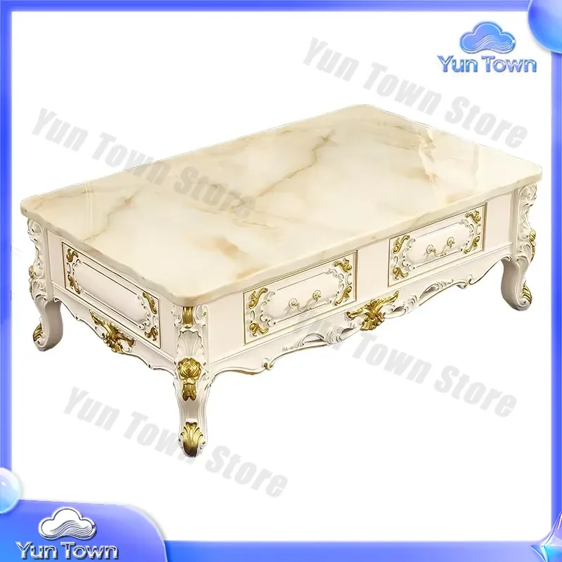 European Marble Coffee Table TV Cabinet Combination for Modern Small Apartment Living Room Full Solid Wood Carved Flower Fur