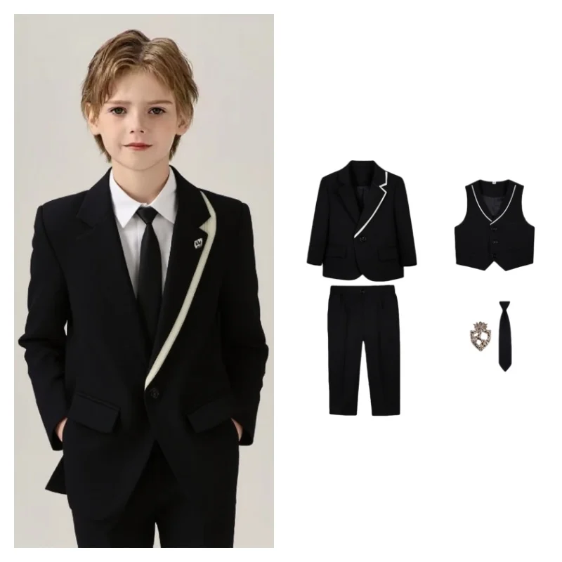 

Детский формальный свадебный костюм из 5 предметов с курткой, жилетом, брюками, брошью с галстуком-бабочкой для мальчиков, костюм для выступлений на день рождения, фортепиано, костюм