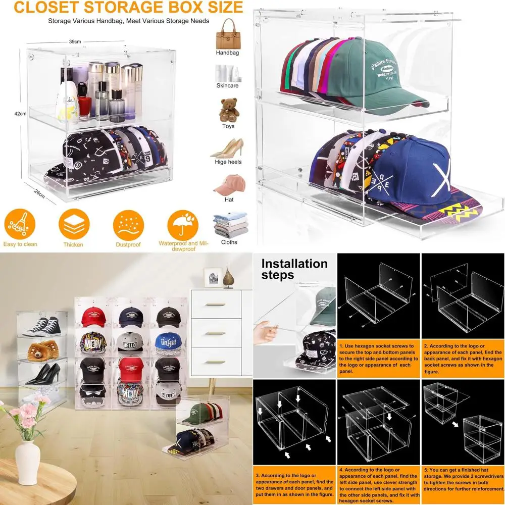 

Clear Stackable Hat and Makeup Organizer with Drawer, Holds 30 Caps, Ideal for Baseball, Snapback, Trucker Hats, Jewelry, and Sk