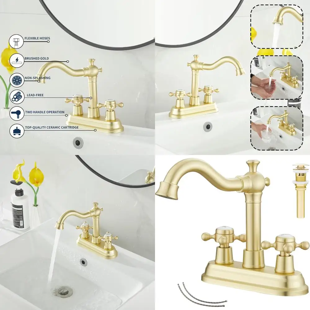 

Dual Handle 4-Inch Centerset Brushed Gold Bathroom Vanity Faucet with Drain and Supply Hose