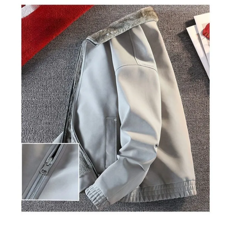 Men's Korean-style Motorcycle Suit Coat Plus-size Versatile Winter Clothin Fleece Thickened Faux Fur One-piece Leather Jacket - view 4