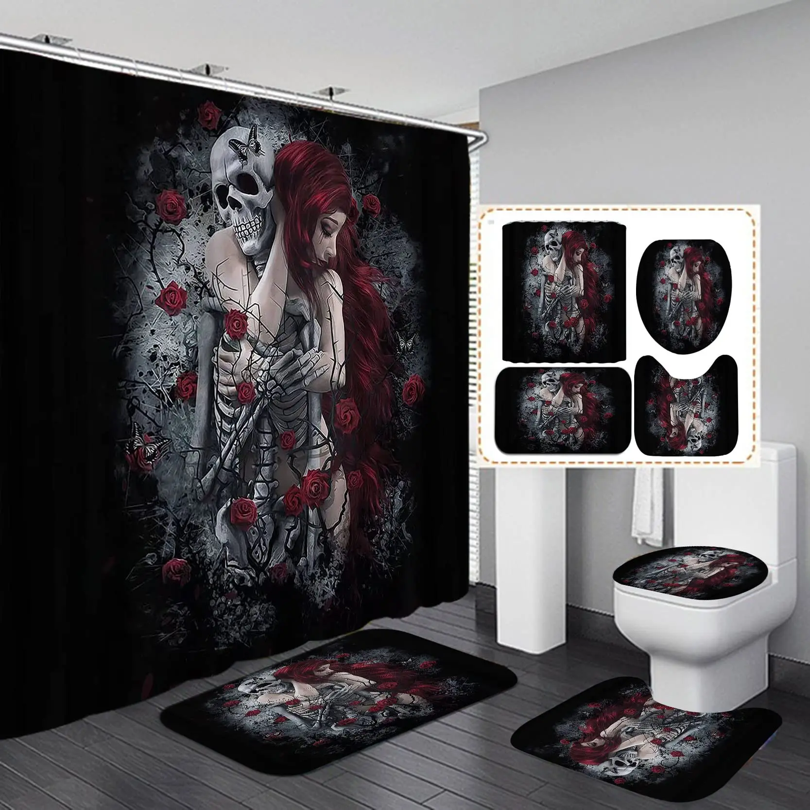 Sugar Skull Shower Curtain Set Day of The Dead Romantic Skeleton Couple Motorcycle Goth Red Rose Bat Gothic Bathroom Curtain Set