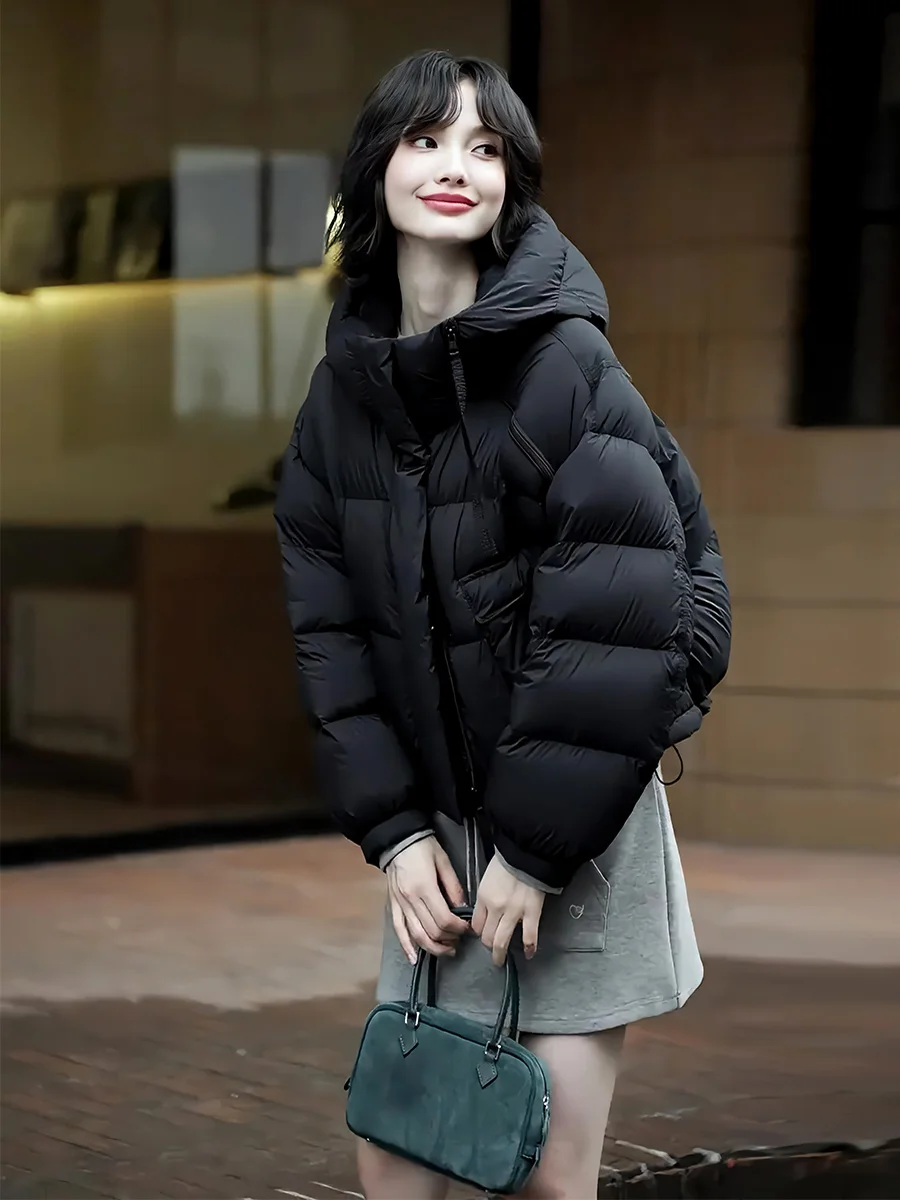 Damen Daunenjacke in Weiß, Winter-Warme Einfarbige Kapuzenjacke, Trendige Lässige Oversize-Jacke mit Reißverschluss