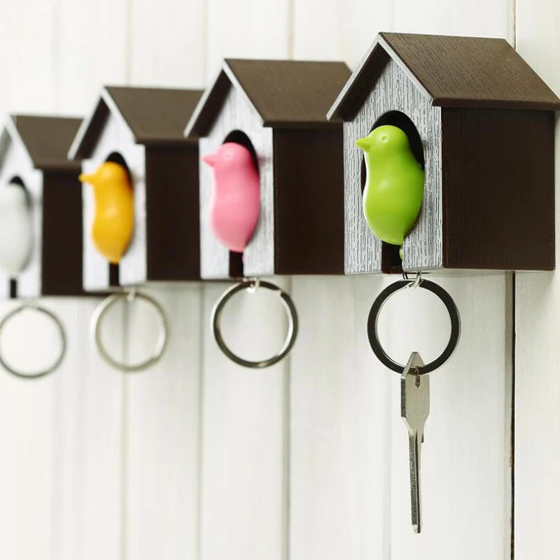 Birdhouse Wall Keys Hooks Creative Bird Keychain Double Bird Nest Sparrow House Key Chain Ring Holder Bird Whistle Storage Box