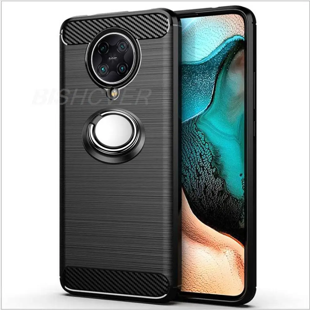 Luxury Brushed Carbon Fiber Phone Case For Xiaomi Pocophone Poco F2 Pro Redmi K30 Pro 6.67'' Magnetic Ring Holder Cover Case