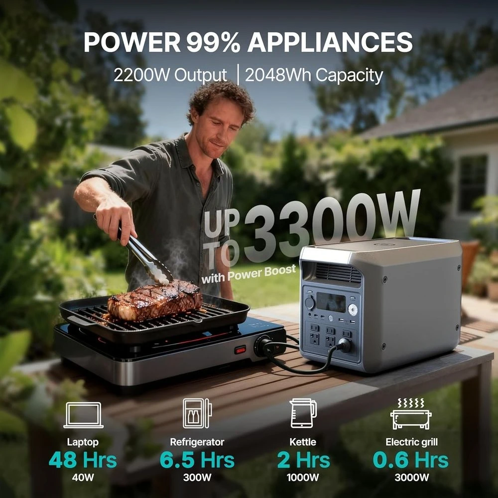 Compact 2048Wh LiFePO4 Power Station with 3300W Boost, 2200W AC Output & Solar Charging for Camping, Home, and RV Use