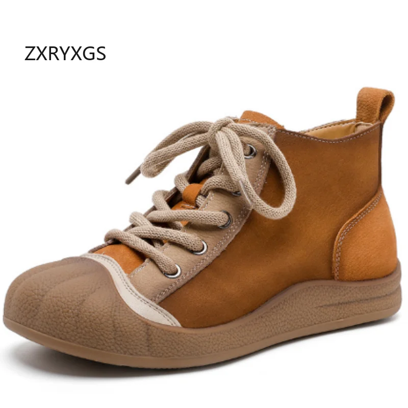 ZXRYXGS 2026 Mixed Colors Top Layer Cowhide Leather Sneakers Trendy Boots Comfort Flat Heel Soft Sole Women Fasahion Sneakers